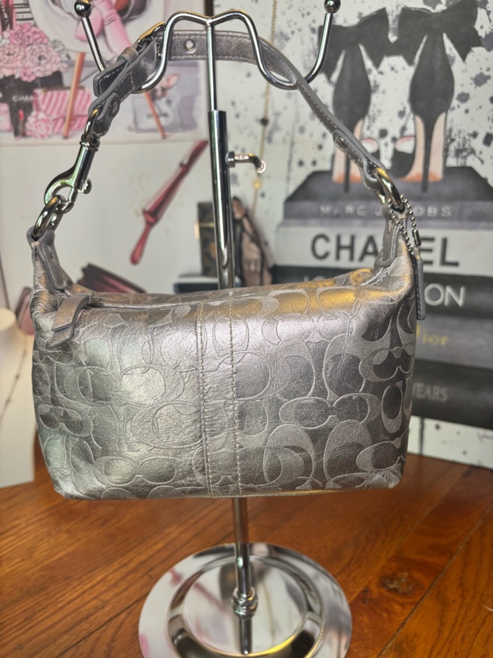 Coach Metallic Pewter Signature Embossed Leather Baguette Shoulder Bag